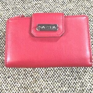 Nautica Red Faux Leather Bi-Fold Wallet Silver Logo Plate ID Window